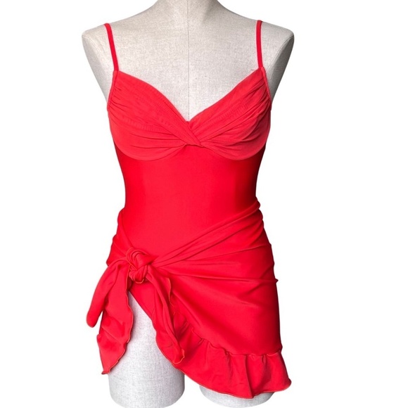 Oscar De La Renta Red Ruched Mesh Swimsuit Sz 12 With Matching Sarong Sz M - Picture 4 of 7